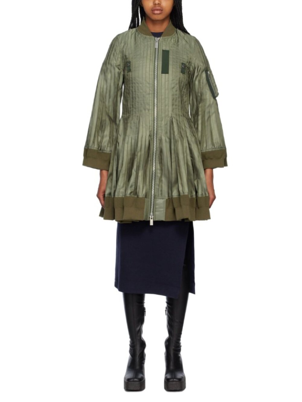 $2785 Sacai Olive Green Pleated Midi Nylon Zip Jacket size 2/Medium